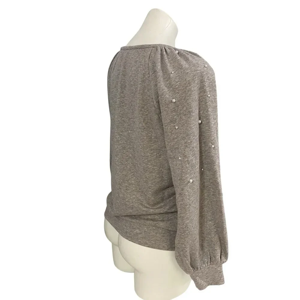 LOFT Sweatshirt Womens Medium Gray Pearl Embellished Balloon Sleeve Coquette